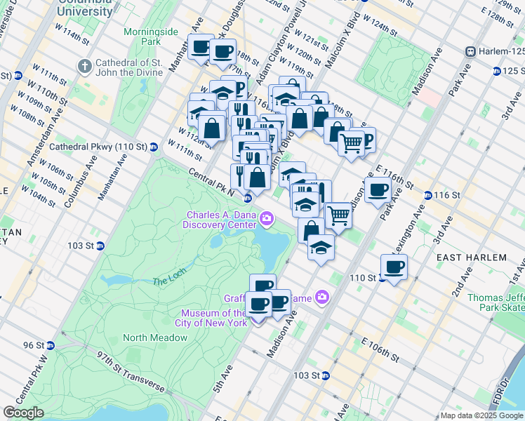 map of restaurants, bars, coffee shops, grocery stores, and more near 52 West 111th Street in New York