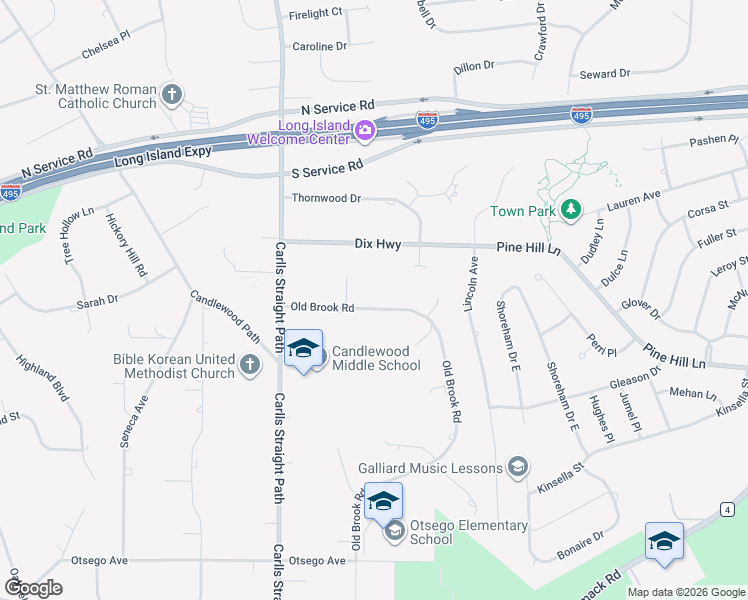 map of restaurants, bars, coffee shops, grocery stores, and more near 16 Old Brook Road in Dix Hills