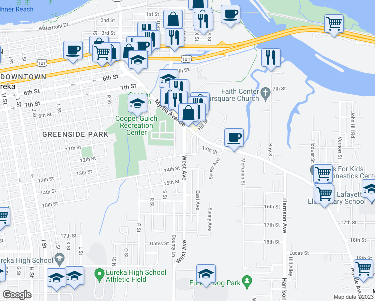 map of restaurants, bars, coffee shops, grocery stores, and more near 1237 West Avenue in Eureka