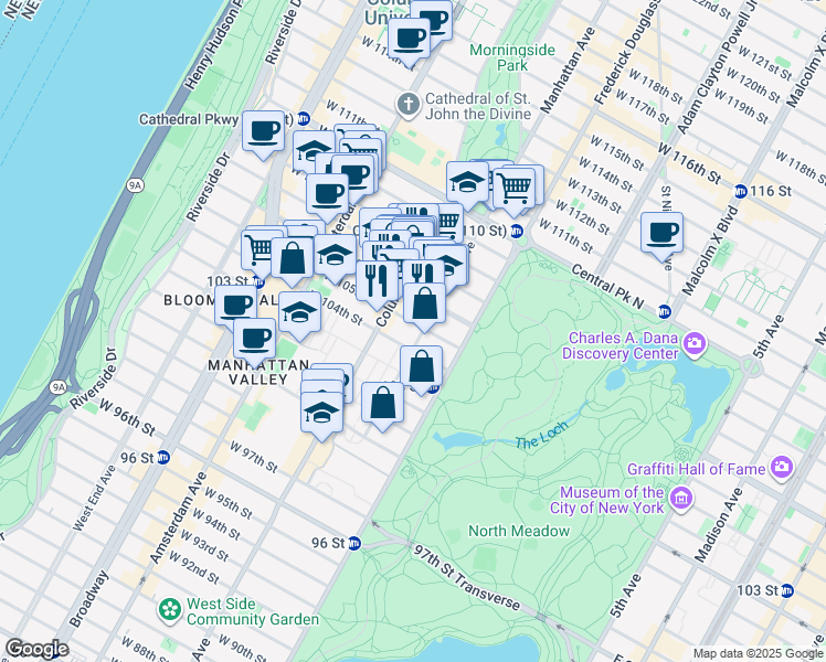 map of restaurants, bars, coffee shops, grocery stores, and more near 50 West 105th Street in New York