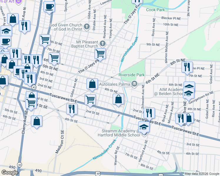 map of restaurants, bars, coffee shops, grocery stores, and more near 1425 5th Street Northeast in Canton