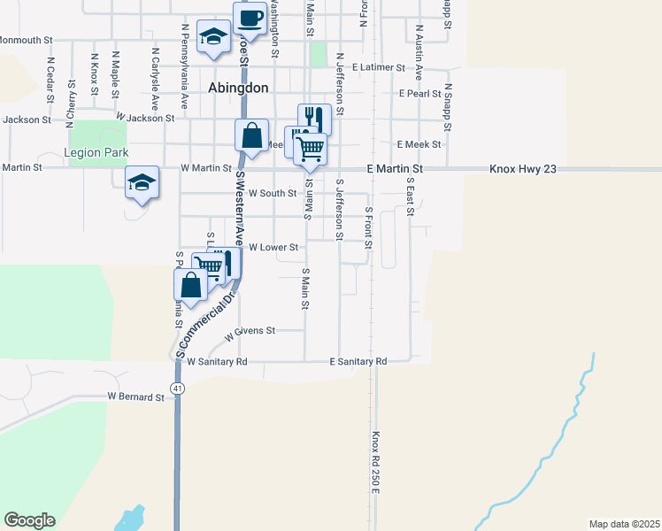 map of restaurants, bars, coffee shops, grocery stores, and more near 601 South Jefferson Street in Abingdon