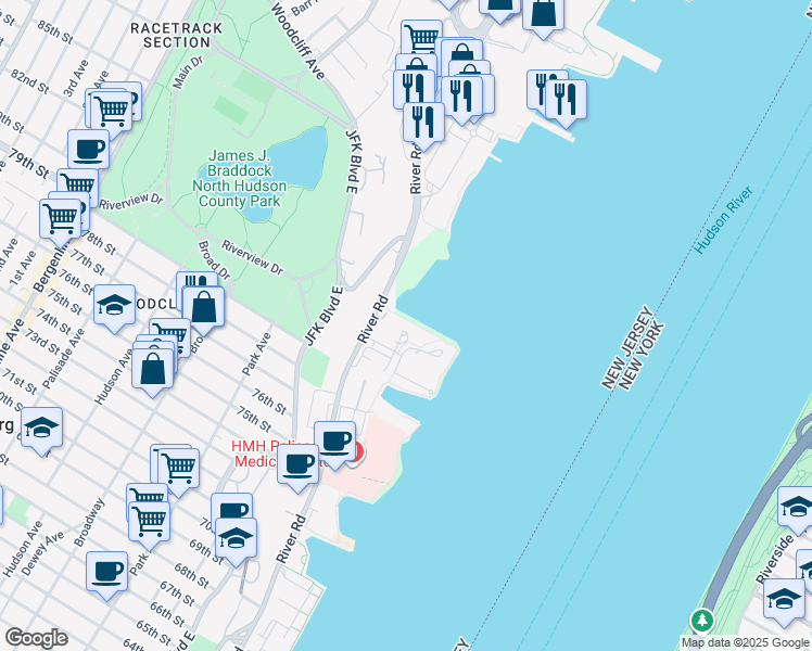 map of restaurants, bars, coffee shops, grocery stores, and more near 8100 River Road in North Bergen