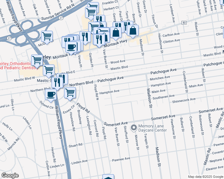 map of restaurants, bars, coffee shops, grocery stores, and more near 13 Hampton Avenue in Mastic
