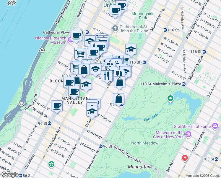 map of restaurants, bars, coffee shops, grocery stores, and more near 77 West 104th Street in New York