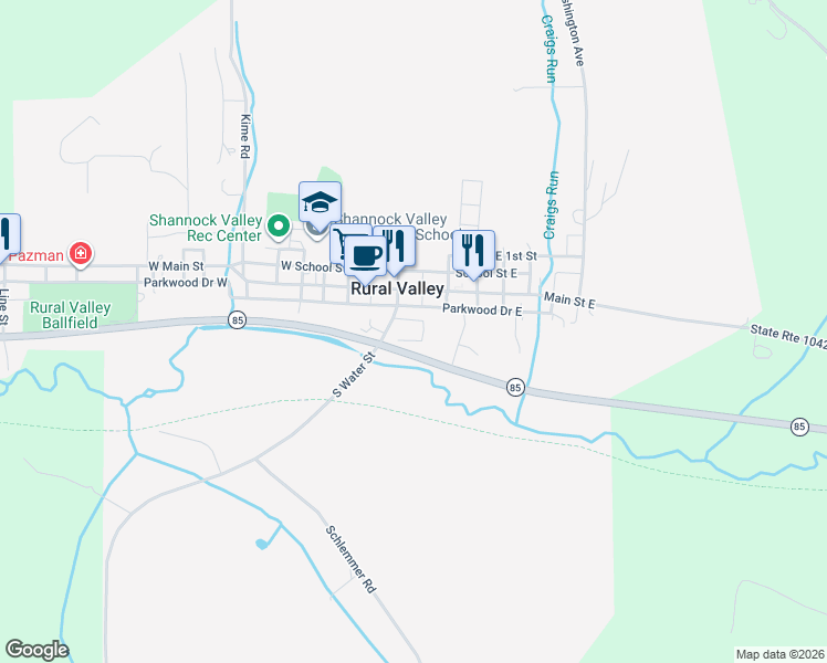 map of restaurants, bars, coffee shops, grocery stores, and more near in Rural Valley