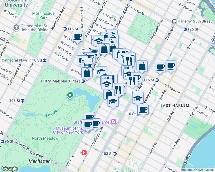 map of restaurants, bars, coffee shops, grocery stores, and more near 1330 5th Avenue in New York