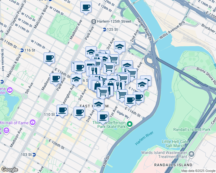 map of restaurants, bars, coffee shops, grocery stores, and more near 2290 2nd Avenue in New York