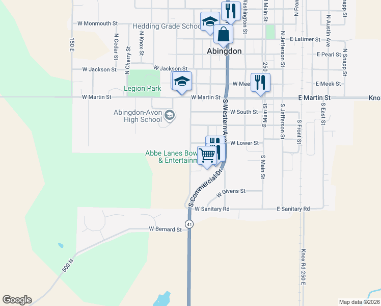 map of restaurants, bars, coffee shops, grocery stores, and more near 426 South Pennsylvania Street in Abingdon
