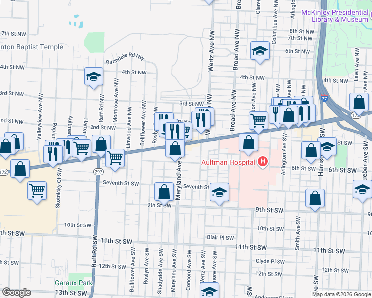 map of restaurants, bars, coffee shops, grocery stores, and more near 3107 Tuscarawas Street West in Canton