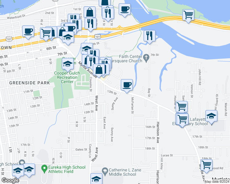 map of restaurants, bars, coffee shops, grocery stores, and more near 1237 Myrtle Avenue in Eureka