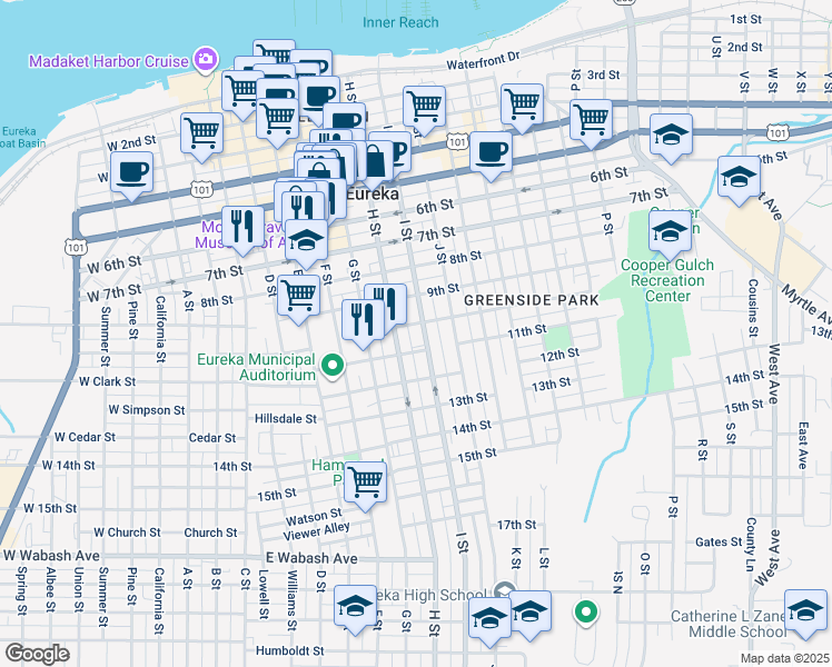 map of restaurants, bars, coffee shops, grocery stores, and more near 931 H Street in Eureka