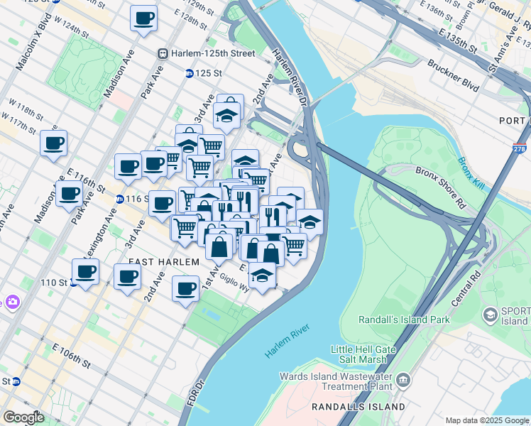 map of restaurants, bars, coffee shops, grocery stores, and more near 2351 1st Avenue in New York