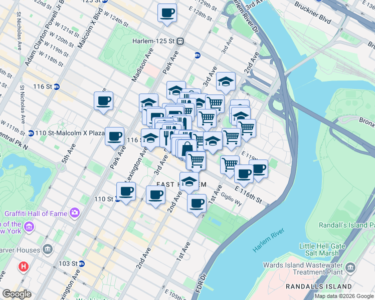 map of restaurants, bars, coffee shops, grocery stores, and more near 226 East 118th Street in New York