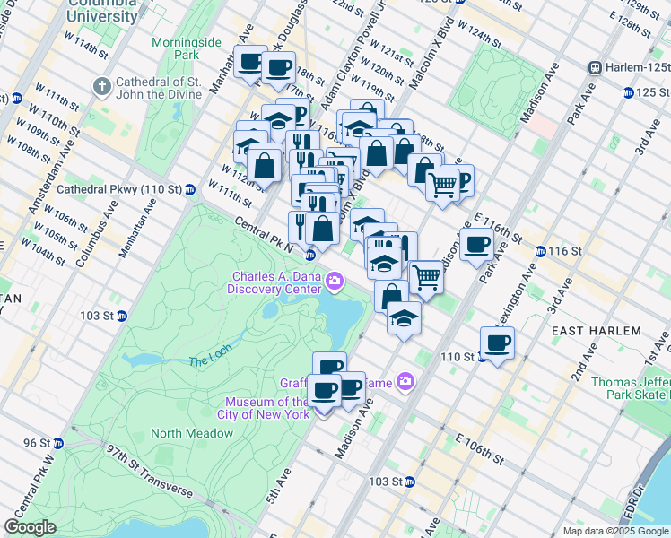 map of restaurants, bars, coffee shops, grocery stores, and more near 52 West 111th Street in New York