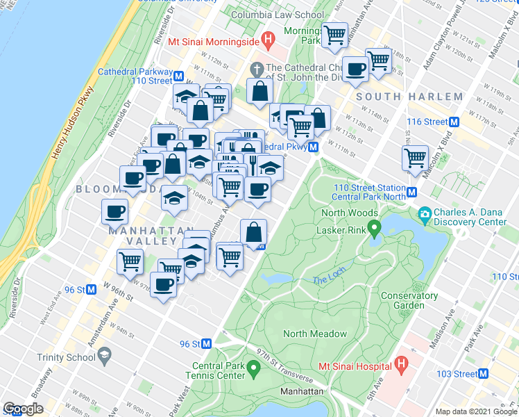 map of restaurants, bars, coffee shops, grocery stores, and more near 143-147 West 106th Street in New York