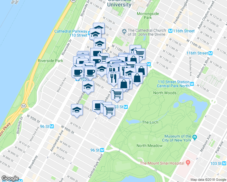 map of restaurants, bars, coffee shops, grocery stores, and more near in New York