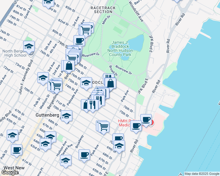 map of restaurants, bars, coffee shops, grocery stores, and more near 217 78th Street in North Bergen