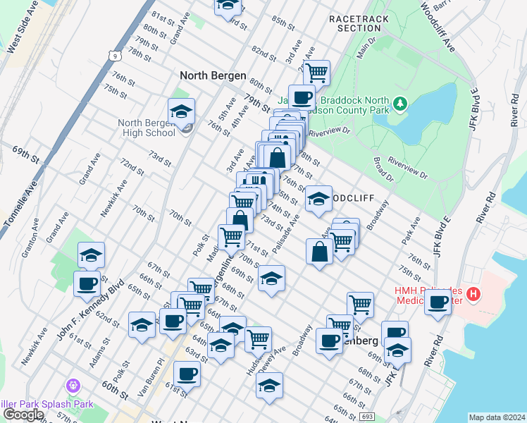 map of restaurants, bars, coffee shops, grocery stores, and more near 432 74th Street in North Bergen