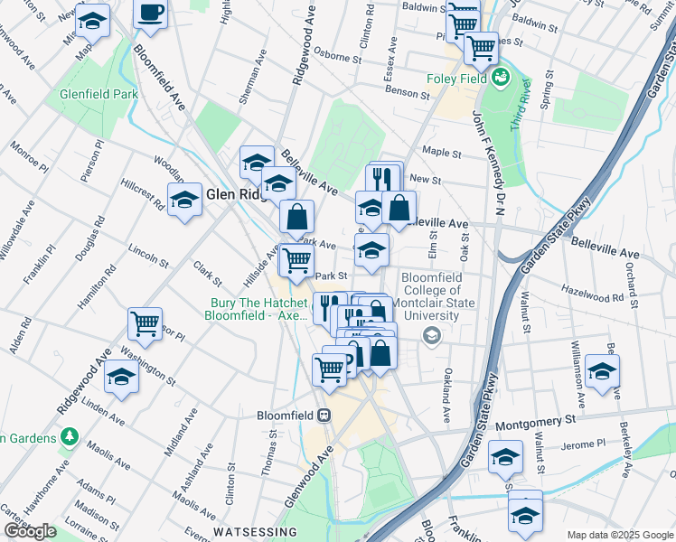 map of restaurants, bars, coffee shops, grocery stores, and more near 38 Park Avenue in Bloomfield