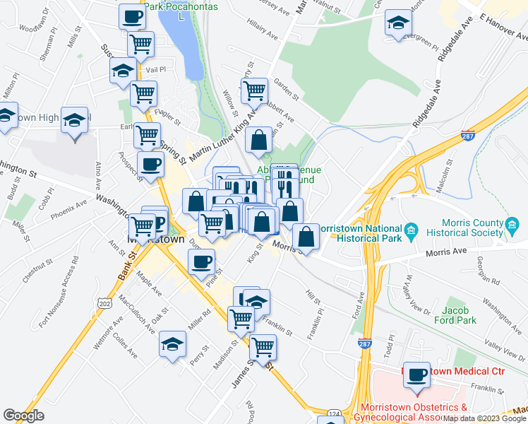 map of restaurants, bars, coffee shops, grocery stores, and more near 1 Lafayette Avenue in Morristown