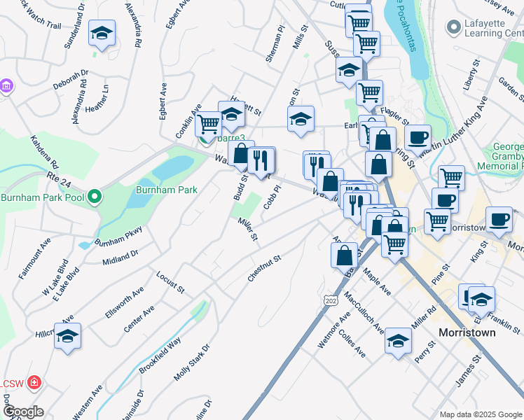map of restaurants, bars, coffee shops, grocery stores, and more near 17 Cobb Place in Morristown