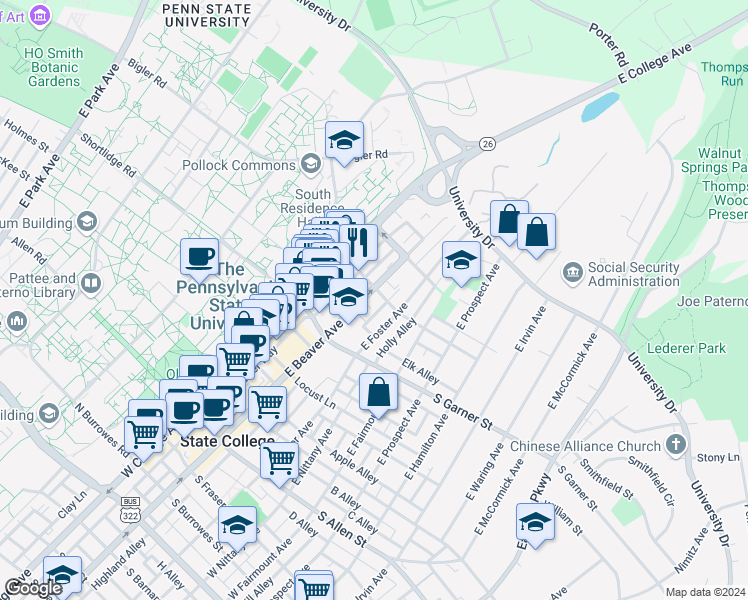 map of restaurants, bars, coffee shops, grocery stores, and more near 508 East Beaver Avenue in State College