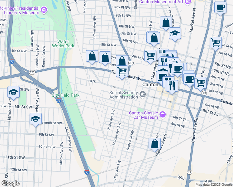 map of restaurants, bars, coffee shops, grocery stores, and more near 908 3rd Street Southwest in Canton