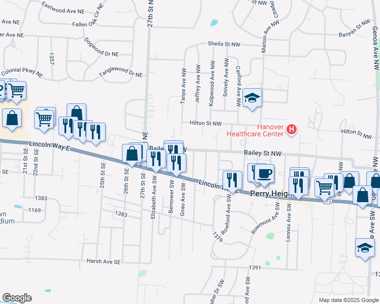 map of restaurants, bars, coffee shops, grocery stores, and more near 2930 Bailey Street Northwest in Massillon