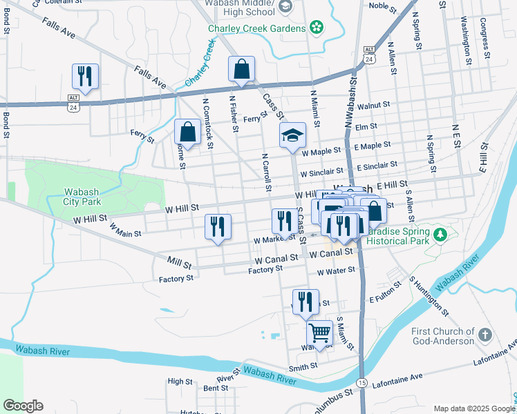 map of restaurants, bars, coffee shops, grocery stores, and more near 356 West Hill Street in Wabash