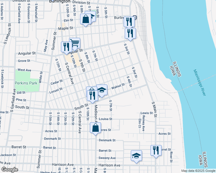 map of restaurants, bars, coffee shops, grocery stores, and more near 1001 South 6th Street in Burlington