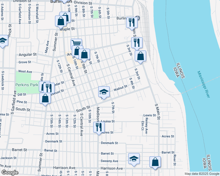 map of restaurants, bars, coffee shops, grocery stores, and more near 1001 South 6th Street in Burlington