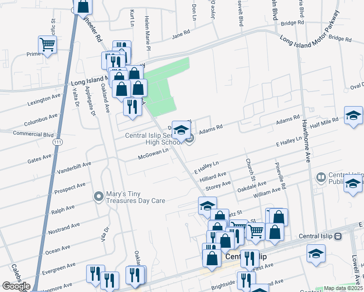 map of restaurants, bars, coffee shops, grocery stores, and more near 85 Wheeler Road in Central Islip