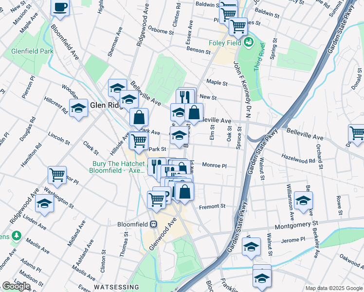 map of restaurants, bars, coffee shops, grocery stores, and more near 5 Park Street in Bloomfield