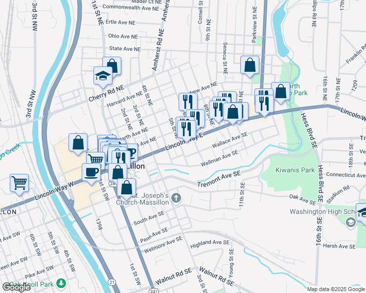 map of restaurants, bars, coffee shops, grocery stores, and more near 10 5th Street Southeast in Massillon