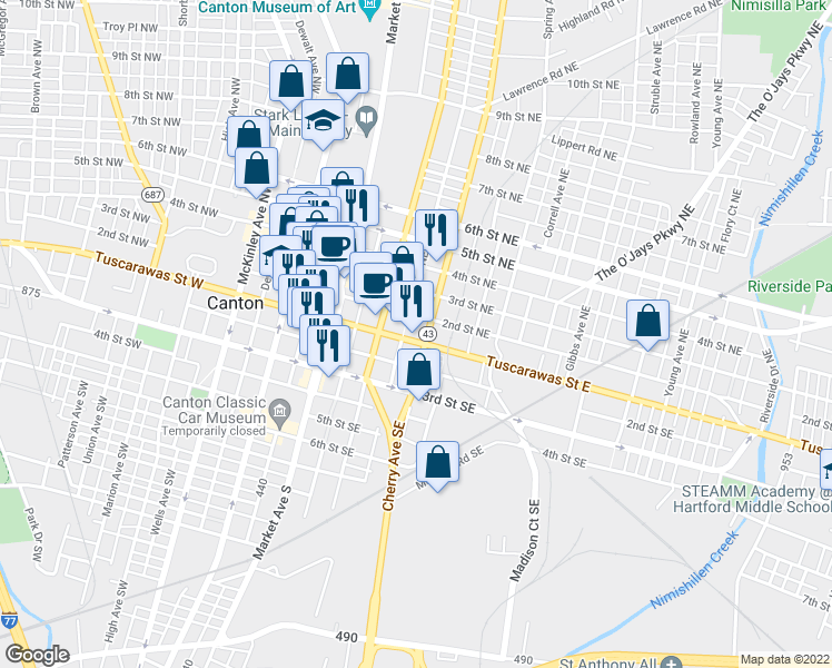 map of restaurants, bars, coffee shops, grocery stores, and more near 427 Tuscarawas Street East in Canton