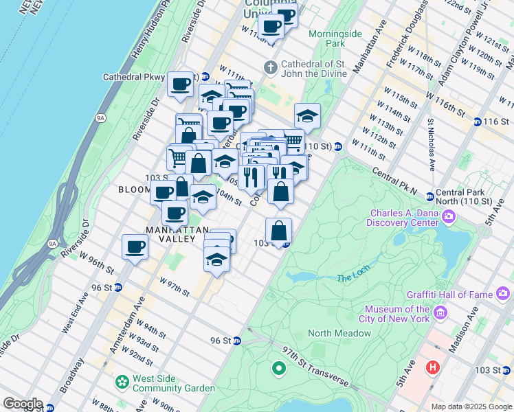 map of restaurants, bars, coffee shops, grocery stores, and more near 85 West 104th Street in New York