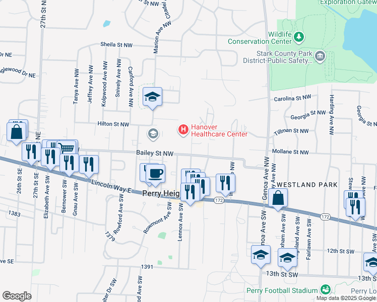 map of restaurants, bars, coffee shops, grocery stores, and more near 3340 Mollane Street Northwest in Massillon