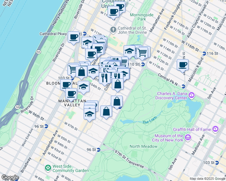 map of restaurants, bars, coffee shops, grocery stores, and more near 56 West 105th Street in New York