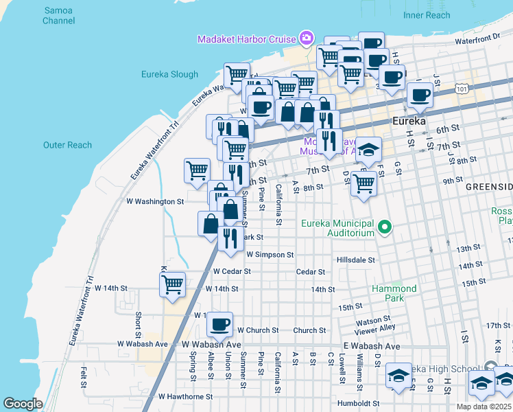 map of restaurants, bars, coffee shops, grocery stores, and more near 910 Pine Street in Eureka