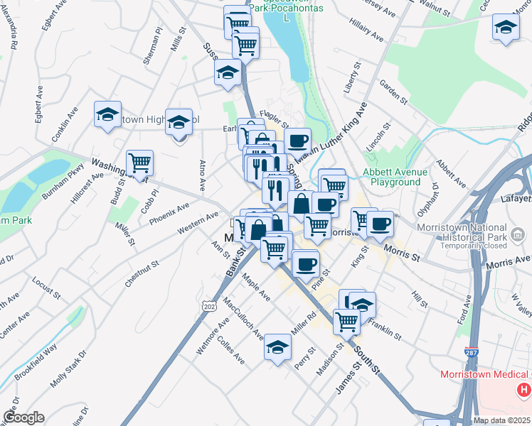 map of restaurants, bars, coffee shops, grocery stores, and more near 10 North Park Place in Morristown