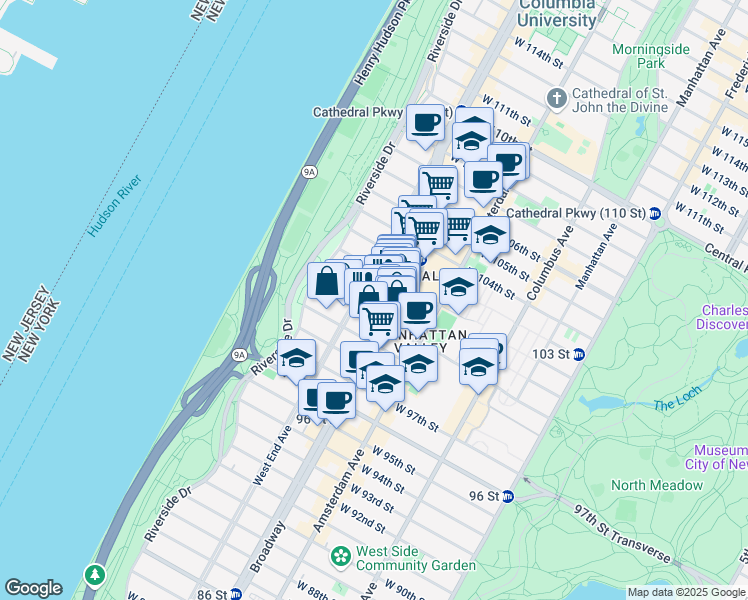 map of restaurants, bars, coffee shops, grocery stores, and more near 242 West 101st Street in New York