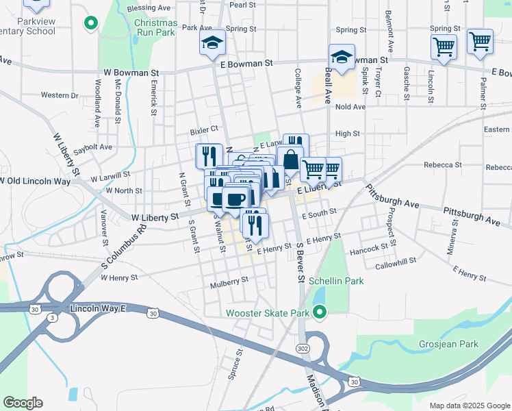 map of restaurants, bars, coffee shops, grocery stores, and more near 135 East Liberty Street in Wooster