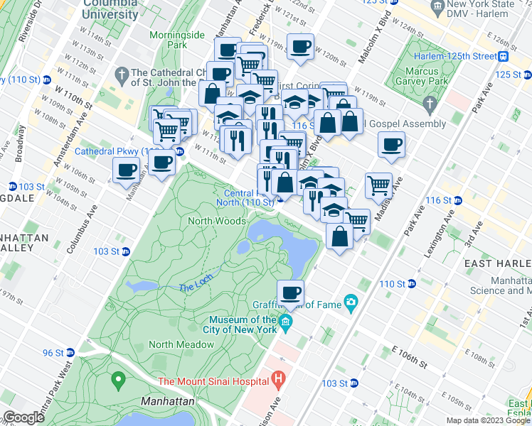 map of restaurants, bars, coffee shops, grocery stores, and more near 9 Malcolm X Boulevard in New York