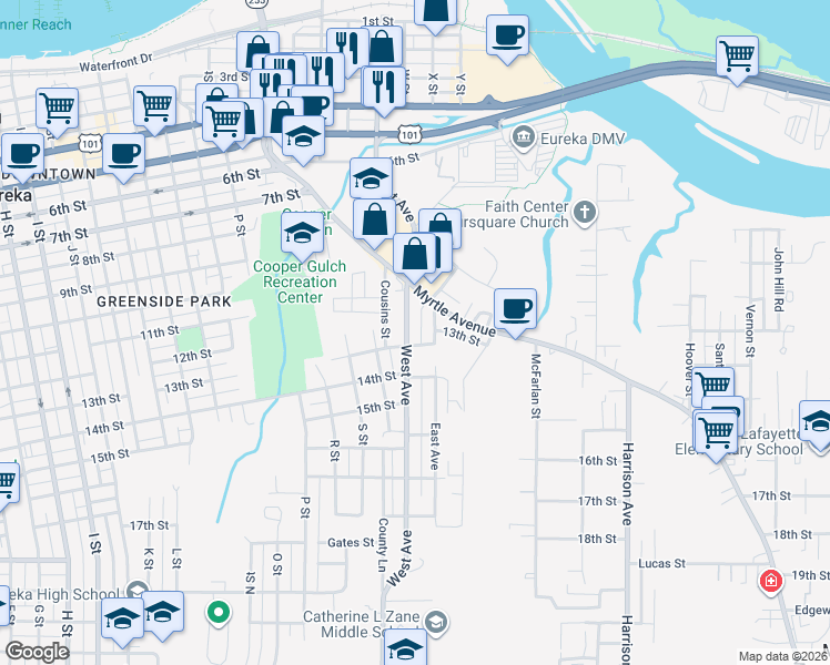 map of restaurants, bars, coffee shops, grocery stores, and more near 1226 East Avenue in Eureka