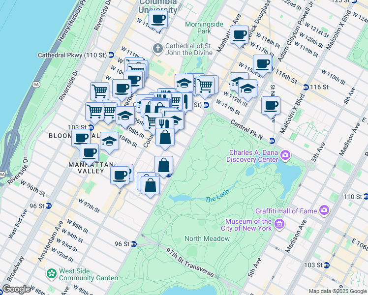 map of restaurants, bars, coffee shops, grocery stores, and more near 10 West 106th Street in New York