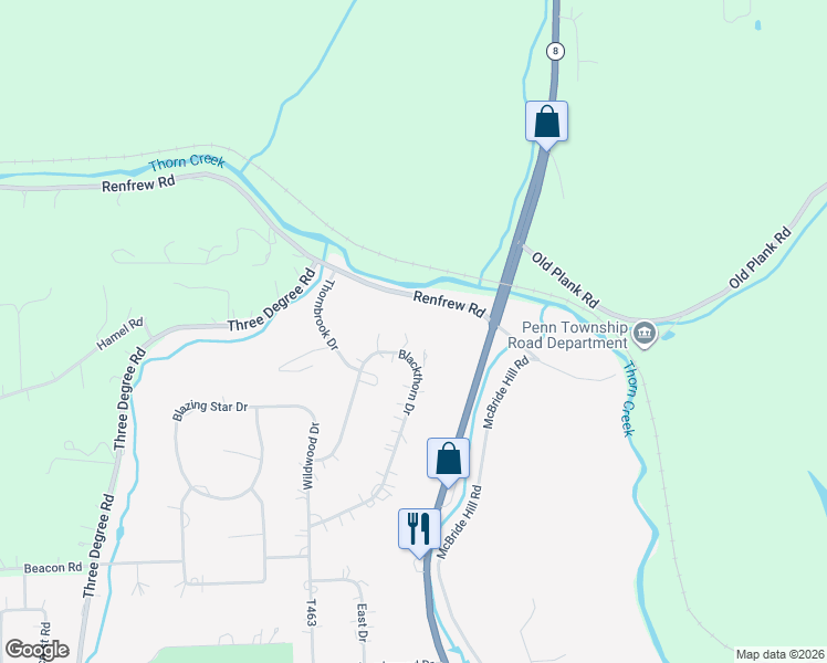 map of restaurants, bars, coffee shops, grocery stores, and more near 131 Blackthorn Drive in Butler