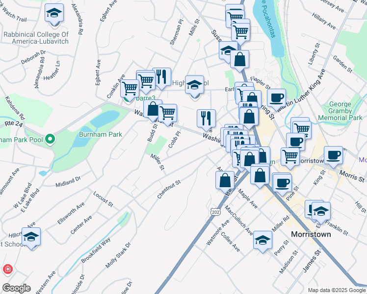 map of restaurants, bars, coffee shops, grocery stores, and more near 27 Phoenix Avenue in Morristown