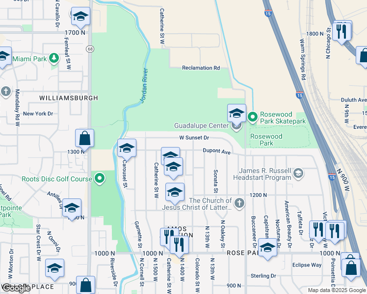 map of restaurants, bars, coffee shops, grocery stores, and more near 1366 Dupont Avenue in Salt Lake City