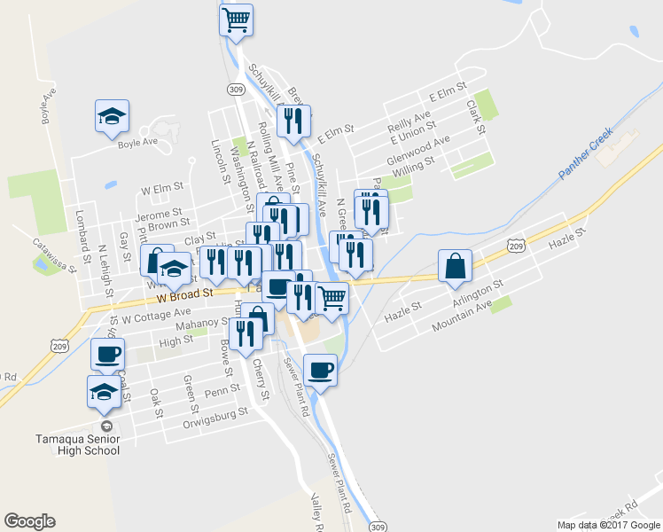 map of restaurants, bars, coffee shops, grocery stores, and more near 20 Schuylkill Avenue in Tamaqua